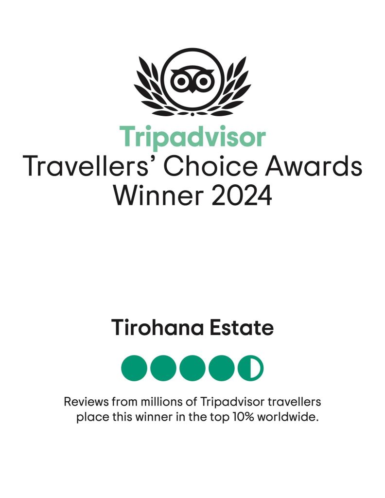 Tirohana Estate vineyard restaurant in Martinborough is proud to have been recognised in the top 10% of restaurants worldwide with its Tripadvisor Traveller's Choice Award in 2024